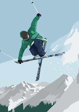 Skier Mid-Air Mountain Landscape Illustration