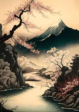 Japanese Landscape with Cherry Blossoms