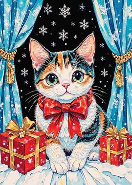 Festive Calico Cat with Gifts