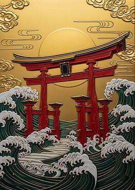 Japanese Torii Gate with Waves