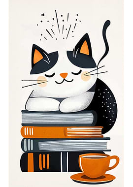Cat Nap on Books with Coffee
