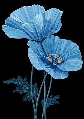 Blue Poppy Flowers on Black Background