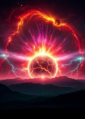 Fiery Planet over Mountain Landscape