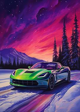 Green car in Winter Nature