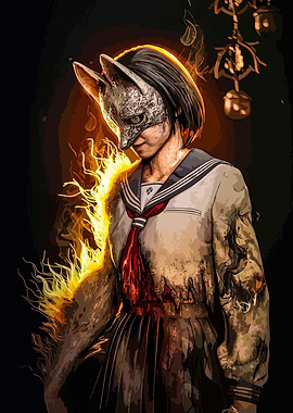 Fox Masked Schoolgirl with Flames