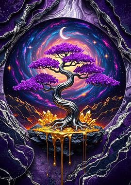 Purple Bonsai Tree with Galaxy Background