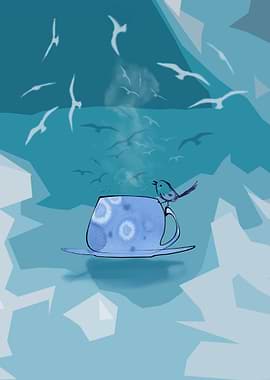 Abstract Teacup on the Blue Beach with Seagulls