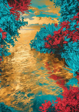 Golden River with Teal and Red Foliage