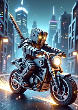 Blocky Rider on Motorcycle in City