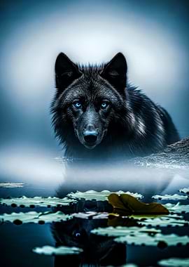 Wolf with Blue Eyes in Water