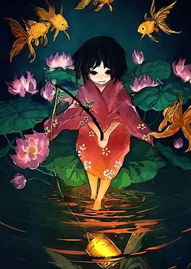 Girl fishing in a lotus pond