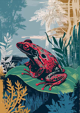 Red Frog on Leaf Illustration