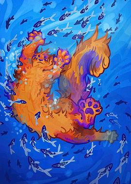Orange Cat Swimming with Fish
