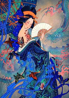 Geisha with Dragon and Butterflies