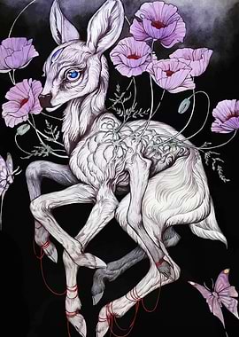 Mystical Fawn with Poppies and Butterflies