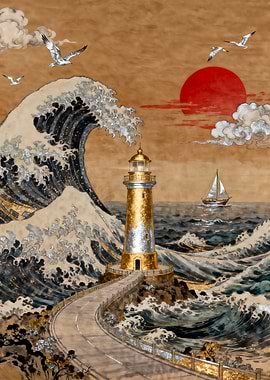 Lighthouse, Waves, and Red Sun Art