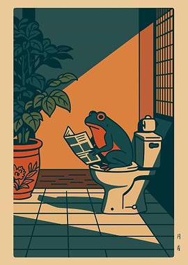 Frog reading newspaper on toilet