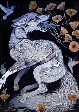 Surreal Fox with Flowers and Hummingbirds