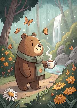 Bear with Coffee in Forest