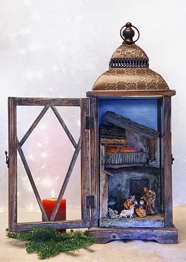 Nativity Scene Lantern with Candle