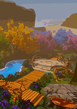 Stylized Landscape with Water and Platform