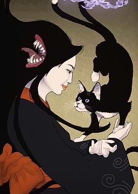 Woman, Cat, and Monster Illustration