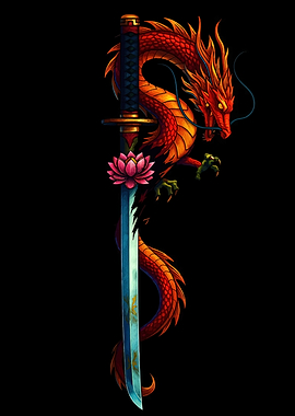 Dragon, Katana, and Lotus Illustration