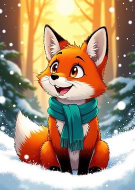 Cute Happy Winter Fox with Teal Scarf in Snowy Forest