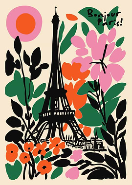 Bonjour Paris Eiffel Tower Floral Art