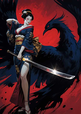 Geisha with Sword and Raven