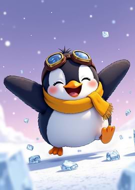 Cute Happy Penguin with Goggles and Yellow Scarf