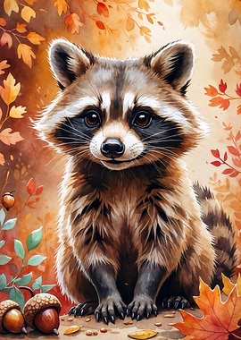 Cute Raccoon Portrait in Autumn Setting