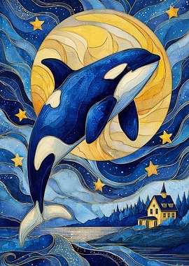 Orca Dream — Dreamy Ocean & Marine Wall Art for Kids Room with Gold Line Illustration