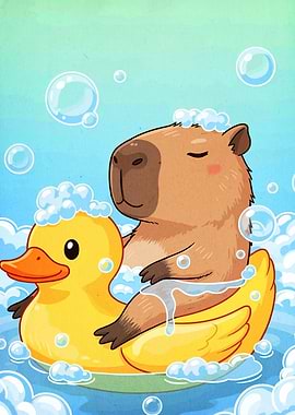 Capybara on Rubber Duck Cartoon