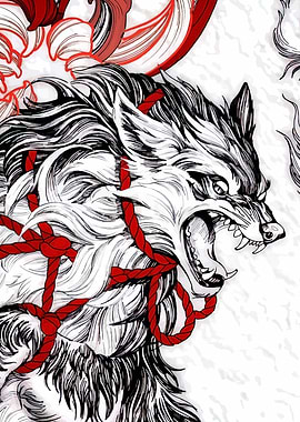 Angry Wolf with Red Rope Illustration