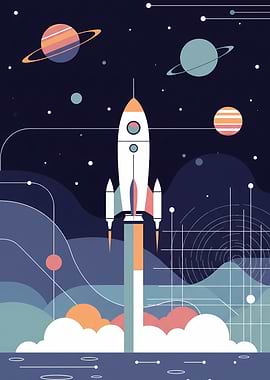 Minimalist Retro Space Rocket Poster – Vintage Sci-Fi Wall Art