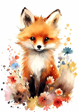Watercolor Fox with Flowers