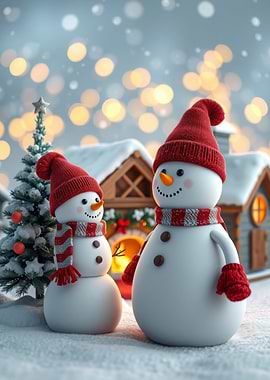 Festive Snowmen Winter Scene