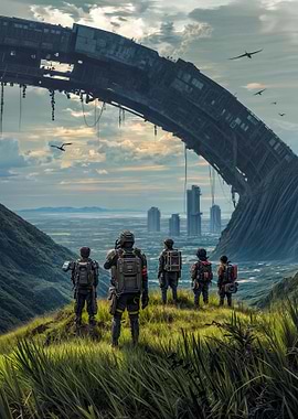 Futuristic Exploration Team Overlooking Cityscape