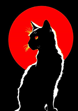 Black Cat Silhouette with Red Moon