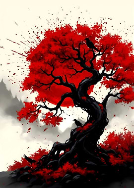 Red Tree with Crows Digital Art