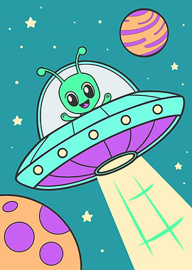 Cartoon Cute Alien in UFO Space Scene