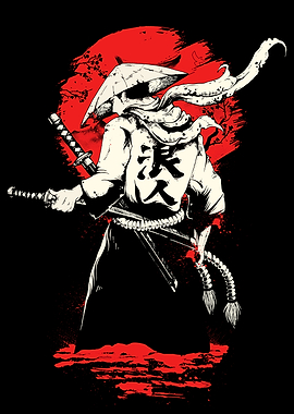 Samurai Warrior with Katana and Red Sun