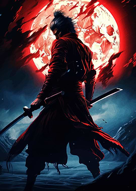 Samurai with Swords Under Red Moon