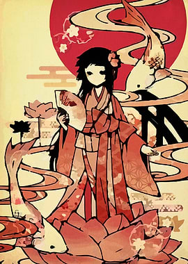 Japanese Girl with Koi Fish Illustration