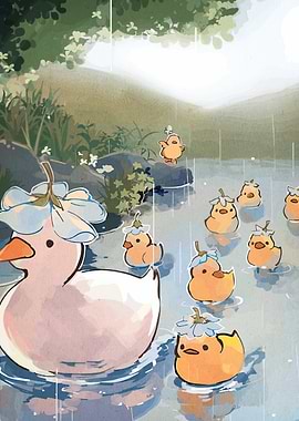 Ducklings in the Rain with Flowers