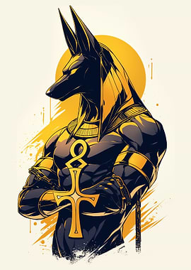 Anubis Illustration with Ankh Symbol