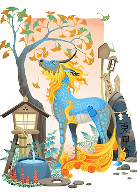 Kirins in Japanese Garden Illustration