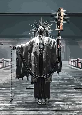 Dark Ritual Figure on Wooden Bridge