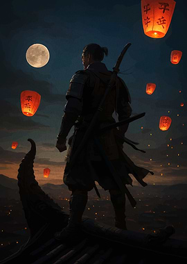 Samurai on Rooftop with Lanterns
